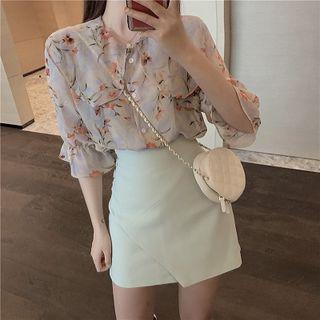 Elbow-sleeve Frill Trim Floral Chiffon Shirt