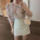 Elbow-sleeve Frill Trim Floral Chiffon Shirt