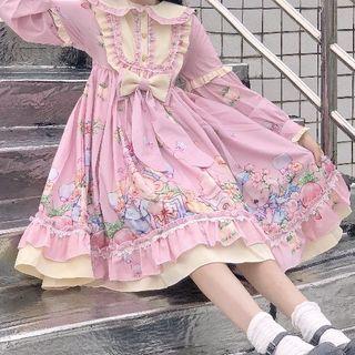 Long-sleeve Ruffle Trim Print Midi Dress