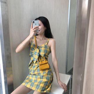 Plaid Spaghetti-strap Tie-front Mini Dress
