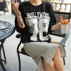 Balloon-sleeve Lettering Lace-trim Top