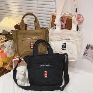 Bear Embroidered Top Handle Crossbody Bag