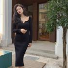 Plain Square-neck Long-sleeve Midi Skinny Dress