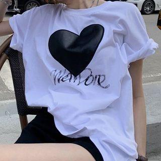 Short-sleeve Heart T-shirt Black Love Heart - White - One Size