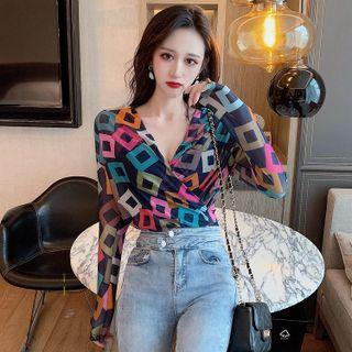 Long Sleeve V-neck Wrap Geometric Top