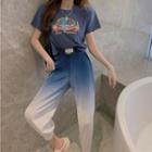 Short-sleeve Lettering T-shirt / Two-tone Cropped Harem Pants