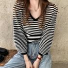 Striped V-neck Cropped Knit Top Stripe - Black - One Size
