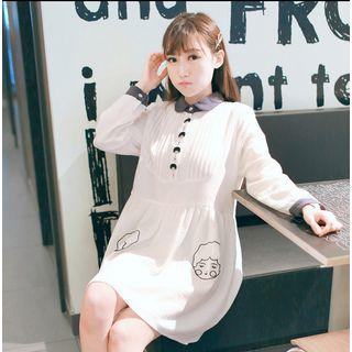 Embroidered Long-sleeve Collared Dress