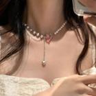 Heart Rhinestone Faux Pearl Alloy Necklace D1472-1 - Silver - One Size