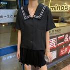Sailor Collar Short-sleeve Blouse / High Waist Pleated Skirt