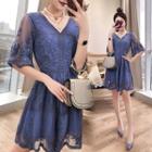 Embroidered Short-sleeve A-line Mesh Dress