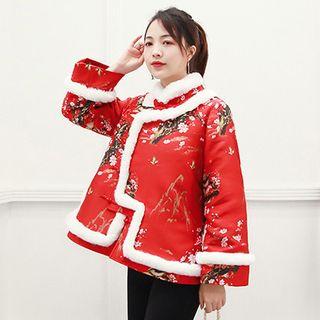 Furry-trim Floral Print Frog-button Jacket