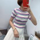 Short-sleeve Striped Knit Top Blue - One Size