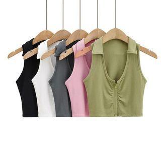 Plain Collared Zip-up Tank Top