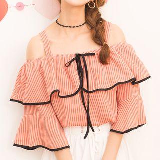 Contrast Trim Pinstriped Off Shoulder Elbow Sleeve Top