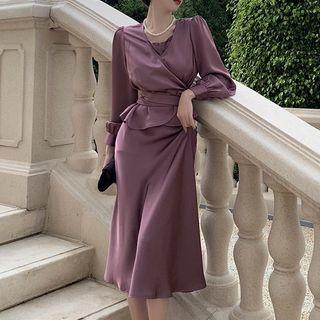 Long-sleeve Wrapped Satin Top / Spagehtti-strap Midi Dress