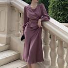 Long-sleeve Wrapped Satin Top / Spagehtti-strap Midi Dress