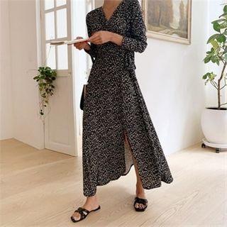 Floral Print Wrap-front Long Dress Black - One Size