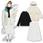 Embroidered Long-sleeve Top / Hooded Padded Coat / Midi A-line Skirt