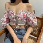 Puff Sleeve Square Neck Lace Trim Cropped Blouse