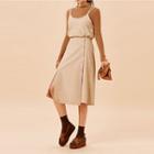 Set: Spaghetti-strap Corduroy Top + Buttoned Midi Skirt
