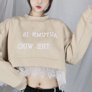 Lace Trim Cropped Printed Top As Shown In Figure - One Size