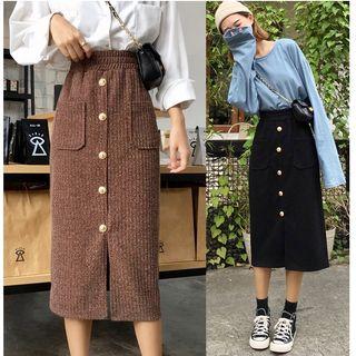 Button-front Ribbed Midi Skirt