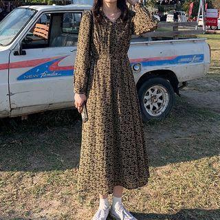 Long-sleeve Floral A-line Dress Coffee - One Size