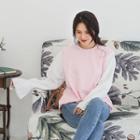 Contrast-sleeve Ruffle-cuff T-shirt