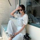 Puff-sleeve Crochet-knit Crop Top