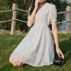 Puff-sleeve Peter Pan Collar Embroidered Chiffon Dress White - One Size