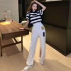 Striped Crop T-shirt / Slit-hem High-waist Wide Pants