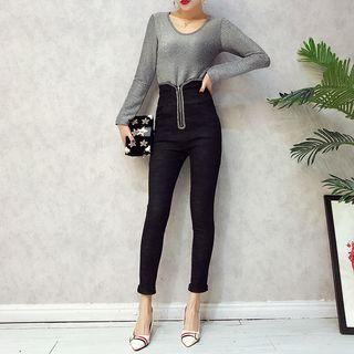 Set: Glittered Long Sleeve T-shirt + High Waist Skinny Jeans