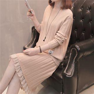 Set: Mock-neck Sweater + Lace Panel Knit Skirt