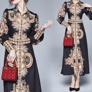 Printed Lantern-sleeve Maxi Collared Dress