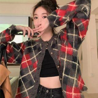 Argyle Loose-fit Cardigan Red - One Size