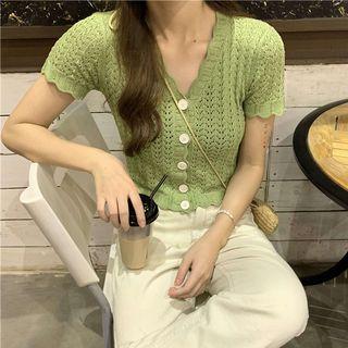 V-neck Pointelle Buttoned Knit Top
