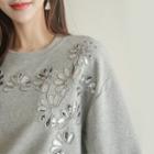 Drop-shoulder Flower-sequined Sweatshirt