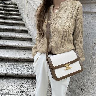 Open-placket Woolen Cable Sweater Light Beige - One Size