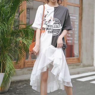 Printed Panel Elbow Sleeve T-shirt Dress
