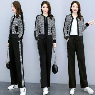 Set: Houndstooth Panel Zip Jacket + Straight Leg Pants