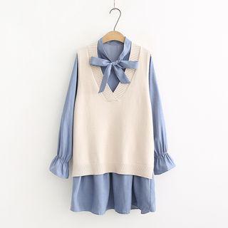 Set: V-neck Sweater Vest + Tie-neck Midi A-line Dress