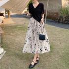 Set: Short-sleeve V-neck Asymmetrical T-shirt + Floral Midi A-line Skirt