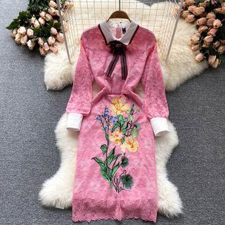 Lapel Embroidered Lace Color Panel Long-sleeve Dress