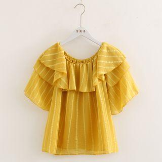 Off-shoulder Striped Ruffle-trim Blouse