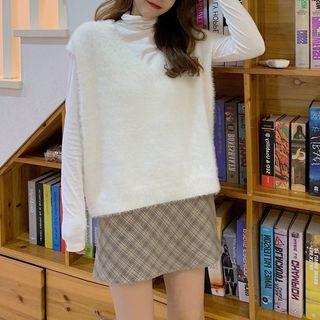 Set: Long-sleeve Top + Vest + Plaid Sheath Skirt