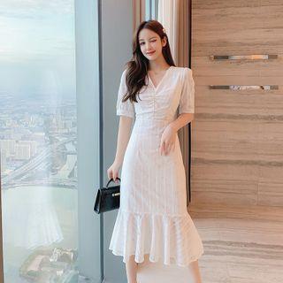 Ruffled Hem V-neck Short Sleeve A-line Dress