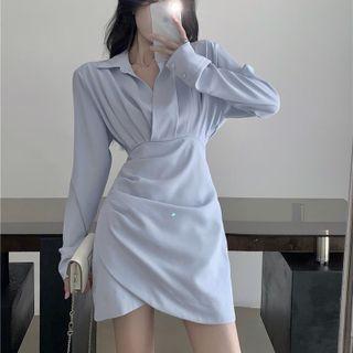 Long-sleeve Lapel Placket Draped Shirtdress