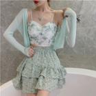 Cropped Cardigan / Flower Print Cropped Camisole Top / Mini A-line Skirt