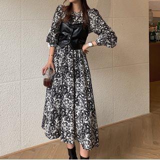Long-sleeve Floral Print Midi A-line Dress / Spaghetti Strap Top
